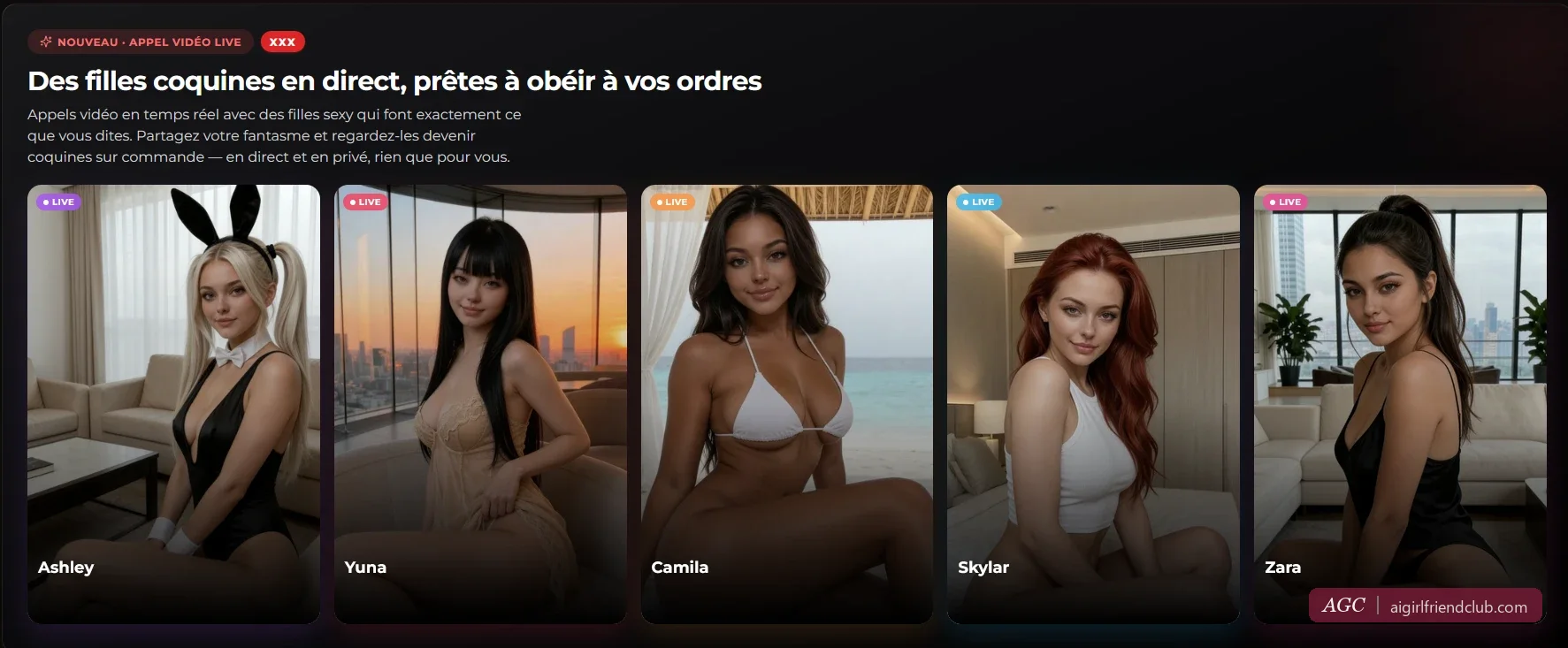 Bandeau des appels vidéo en direct sur Xotic AI : cinq compagnes, Ashley, Yuna, Camila, Skylar et Zara