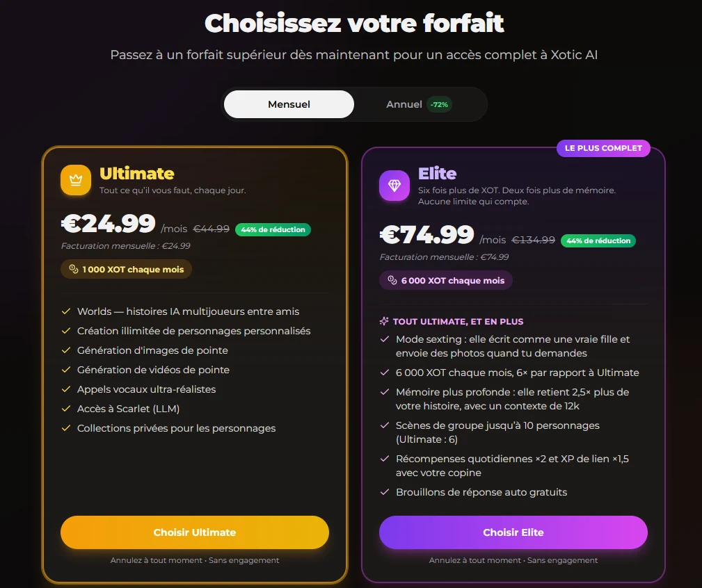 Formules Ultimate et Elite de Xotic AI au mois : prix, XOT inclus et avantages