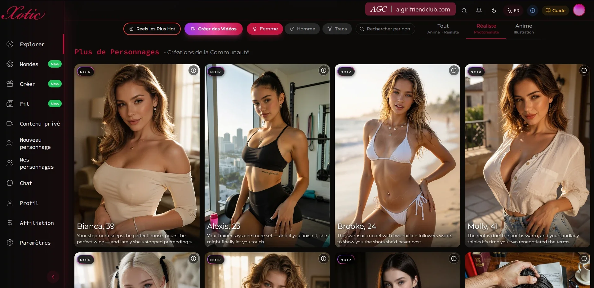 Page Explorer de Xotic AI en français : filtres, cartes de compagnes avec prénom, âge et accroche