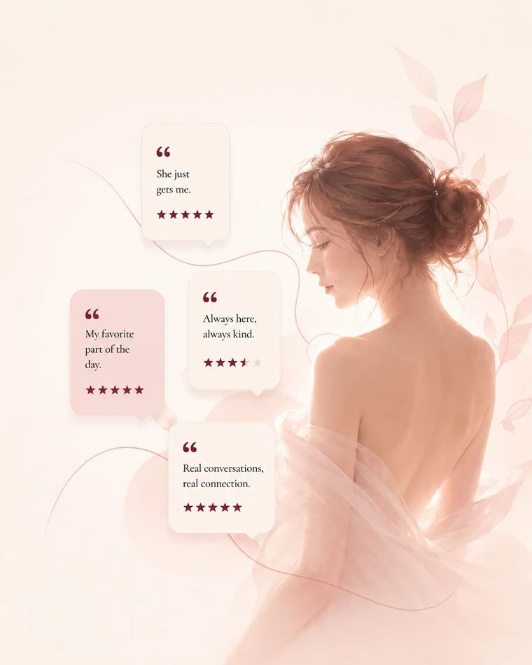 Illustrated reader testimonial cards beside an AI companion portrait